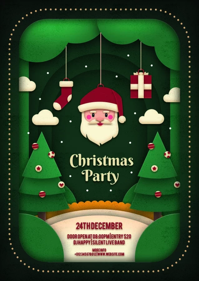 创意剪纸风圣诞节圣诞树圣诞老人麋鹿雪花3D立体海报PSD/AI素材模板【038】
